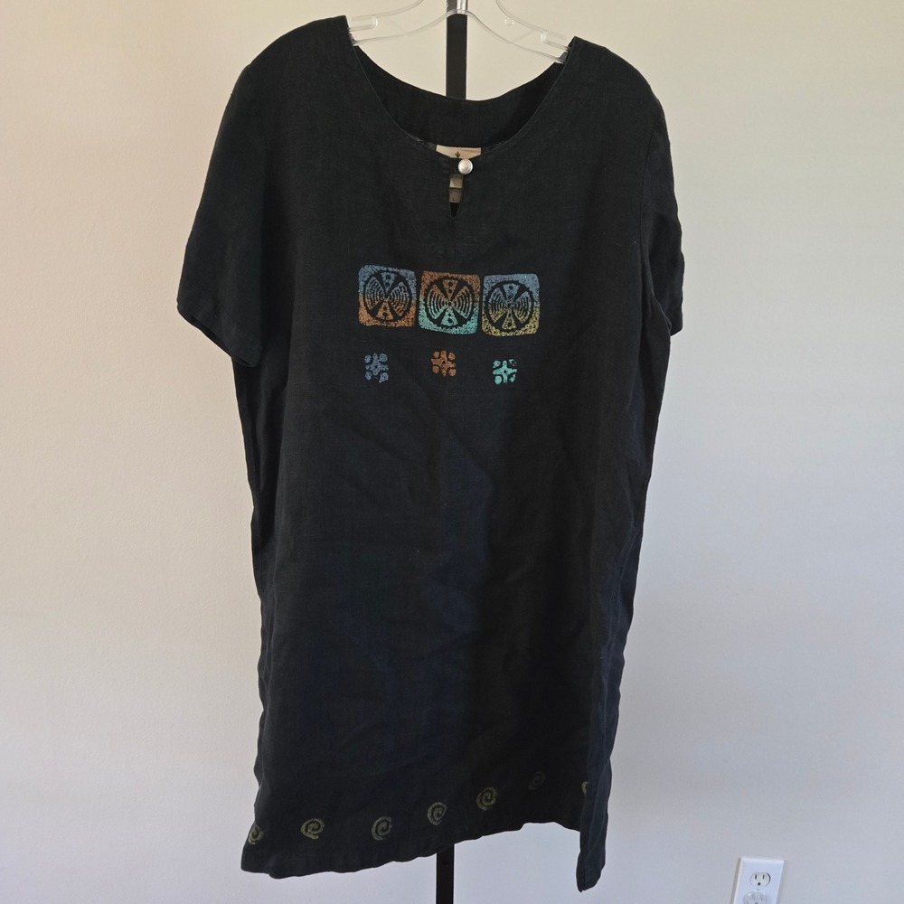 Blue Cactus Black 100% Linen Painted Shift Dress Large USA Boho Lagenlook Artsy